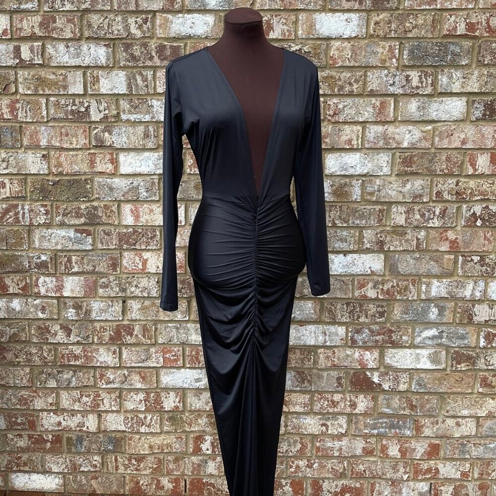 Goodtime Women's Long Sleeve Deep V Neck Bodycon Maxi Black Cocktail Dress Sz S